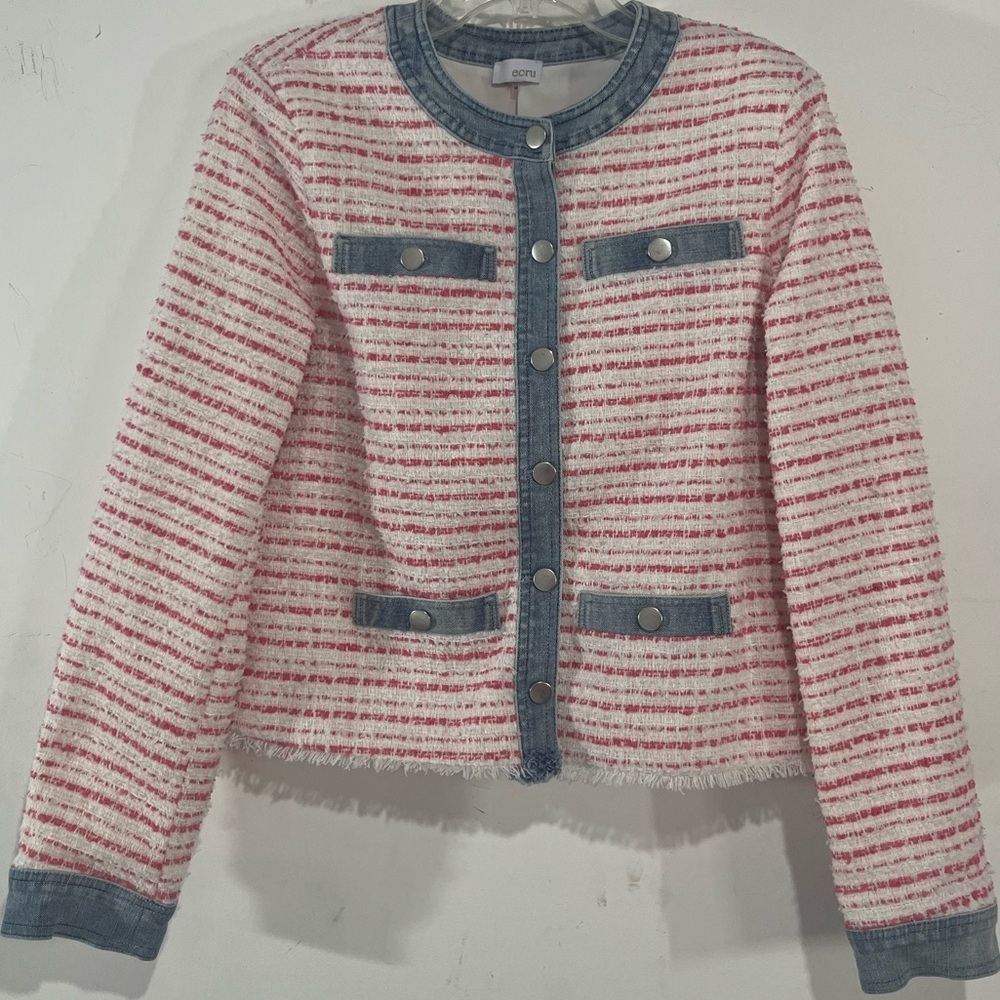 Ecru Denim Trim Tweed Jacket Size Medium Pink White Snap Front - Picture 3 of 10